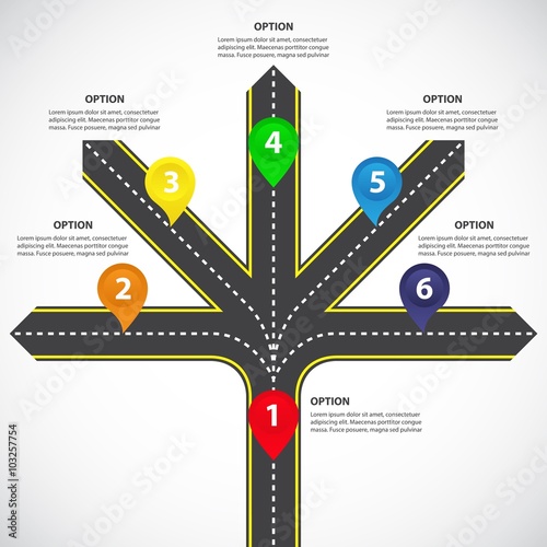 Diverging roads with arrows, bright map pointers and text fields - Vector infographics