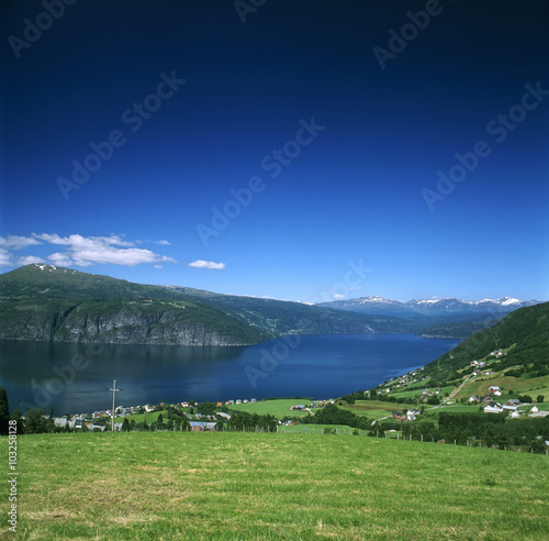 Norway. One of the most beautiful views of Innvikfjord. There are Berge and Hamar village on second plan (Stryn commune)