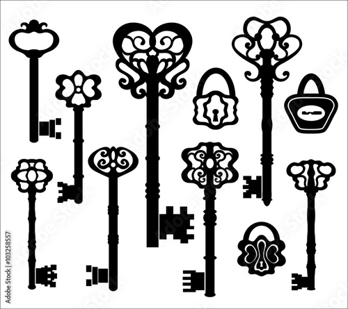 Black silhouettes of vintage keys, decorated with floral ornamen