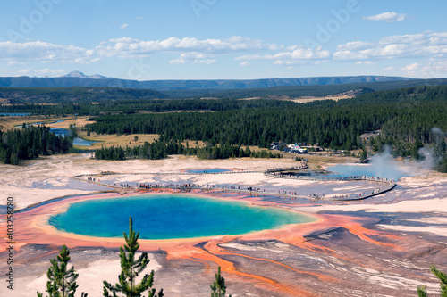 Visitors to Yellowstone National Park look at Grand Prismatic Sp