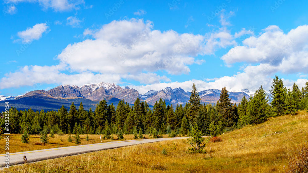 The Bow Mountain Range visible from the Bow Valley Parkway in the Fall in Banff National Park, Alberta, Canada