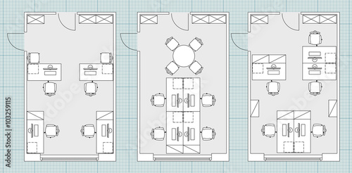 Standard office furniture symbols set used in architecture plans, office planning icon set, graphic design elements on blueprint. Small Office room - top view plans. Vector isolated.