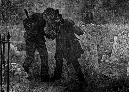 Two men in a spooky graveyard, with tombstones, dark of night, line drawing art engraving line art etching antique