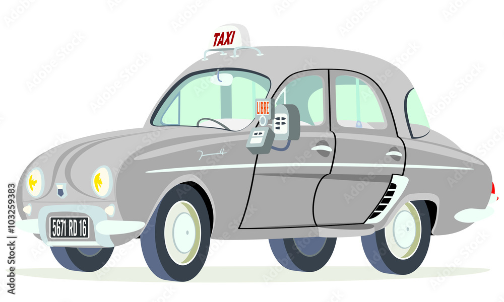 Caricatura Renault Dauphine Taxi París - Francia vista frontal y lateral