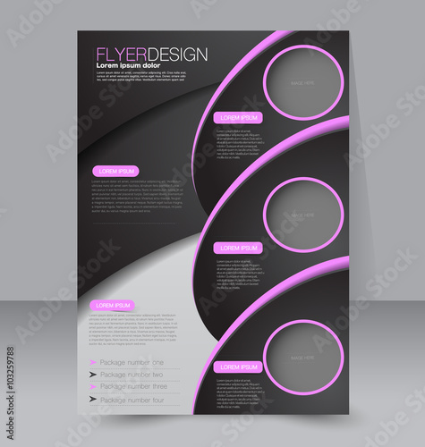 Brochure design. Flyer template. Editable A4 poster for business, education, presentation, website, magazine cover. Purple and black color.