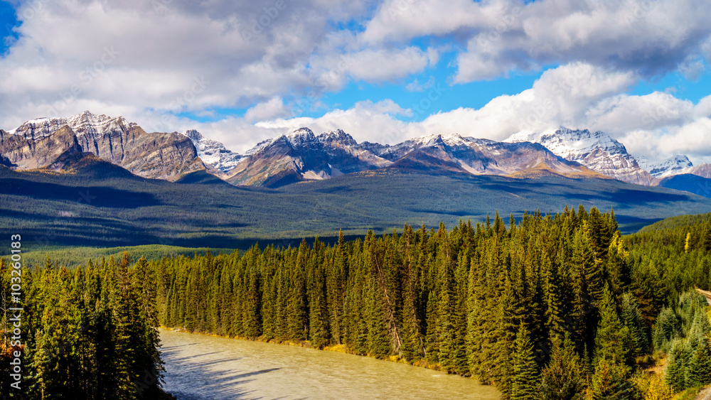 Morant's Curve in the Bow River with Haddo Peak, Saddle Mountain and Fairview Mountain in the background in Banff National Park, Alberta, Canada