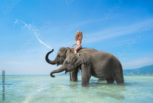 Canvas Print Two elephant and happy woman in bikini in the sea