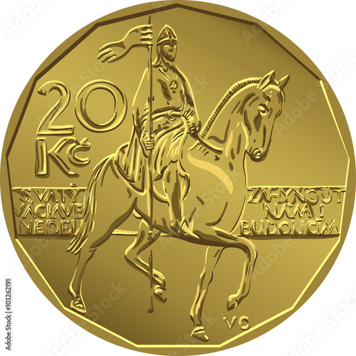 Gold money, reverse of the coin twenty czech crones with figure 20 and a sign of the crown to the left of the stylized image of the equestrian statue of St Wenceslas on Wenceslas Square in Prague