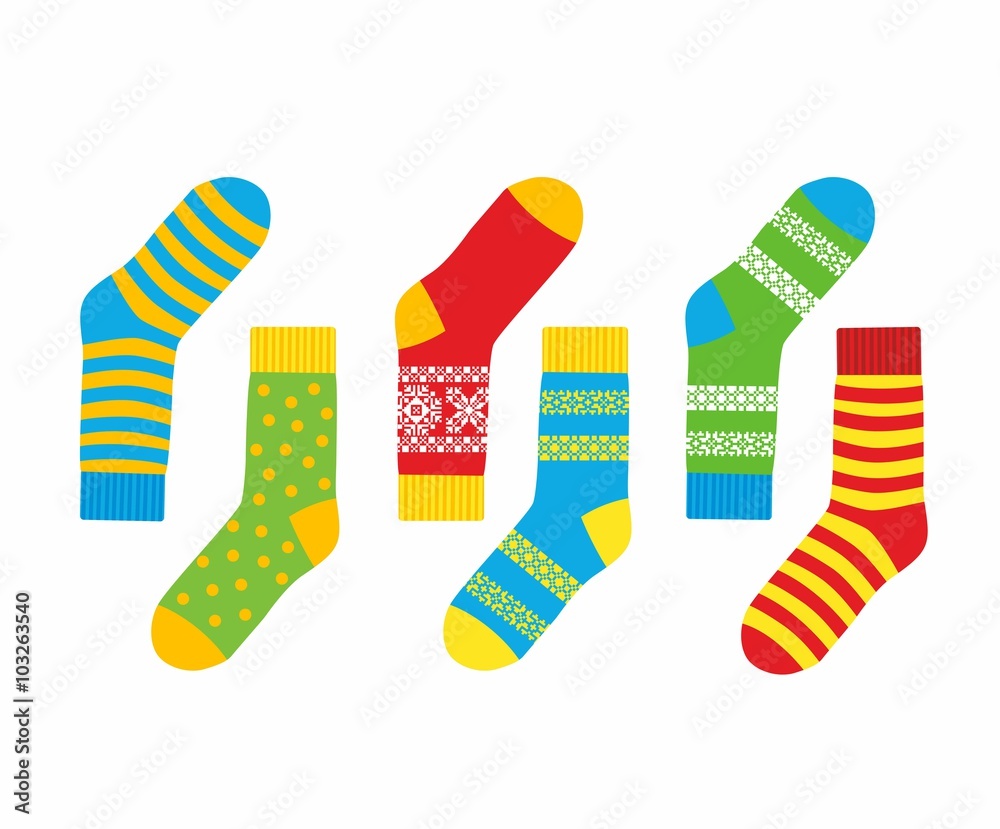 Collection of multi-colored socks with patterns and stripes Collection of multi-colored socks with patterns and stripes