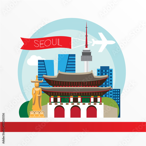 Seoul, detailed silhouette. Trendy vector illustration, flat style. Stylish colorful  landmarks. Gwanghwamun - The symbol of South Korya.