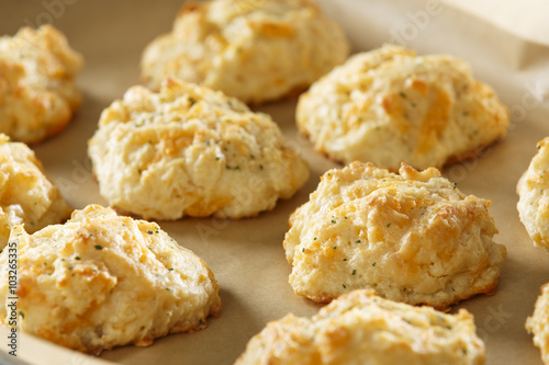Cheddar Cheese Biscuits on baking sheet