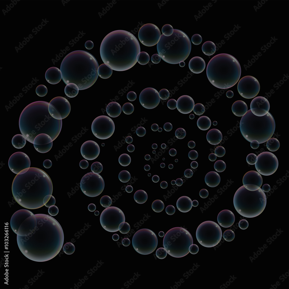 Spiral made of soap bubbles - isolated vector illustration on black background.