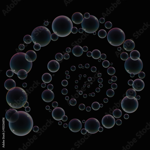 Spiral made of soap bubbles - isolated vector illustration on black background.