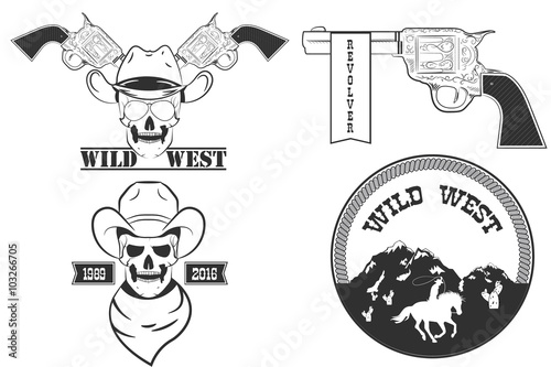 Set of Wild West vintage rodeo emblems, labels, logos, badges and designed elements.  Monochrome style