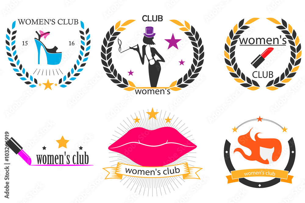 women's club. logo, emblem. lipstick, lips, girl. vector illustration