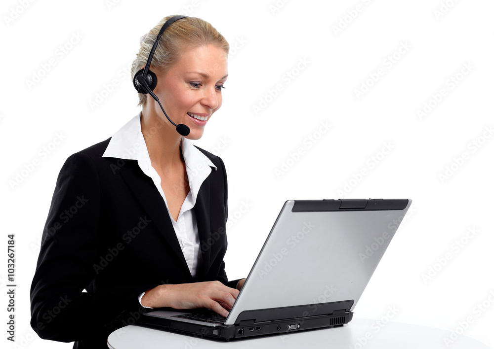 Smiling agent woman with headsets. Smiling agent woman with headsets.