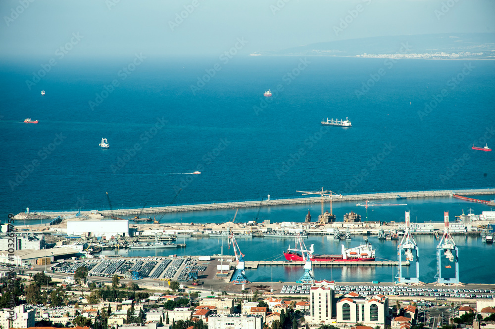 Beautiful panoramic view from Mount Carmel to cityscape and port in Haifa, Israel.
