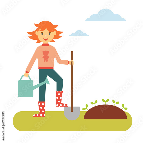  Red-haired girl with a shovel and a watering can makes planting