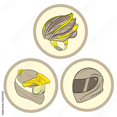 Three helmets in circles