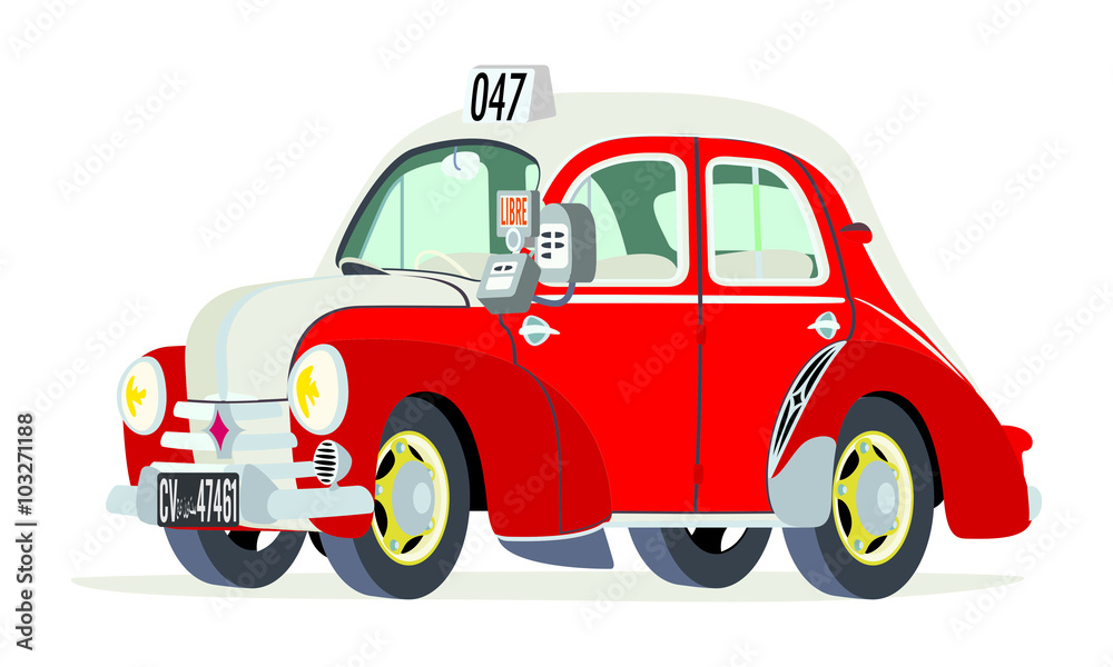 Caricatura Renault 4CV taxi Túnez vista frontal y lateral