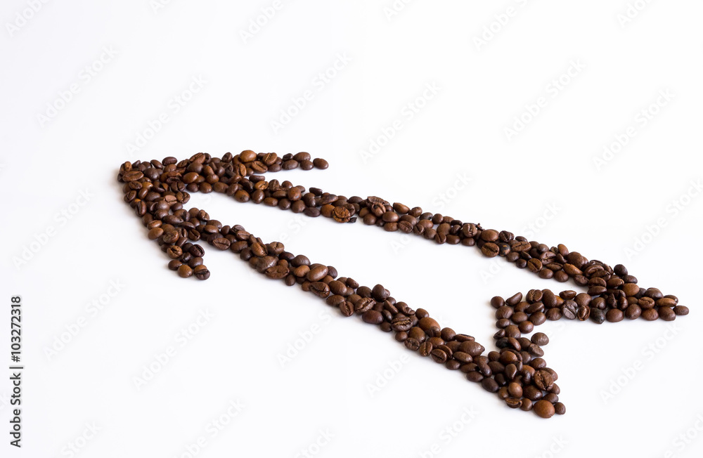 The way to pleasure.Arrow made from coffee beans.Isolated The way to pleasure.Arrow made from coffee beans.Isolated