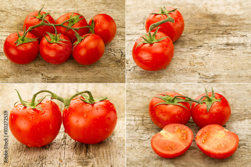 few red tomatoes branch on wooden background