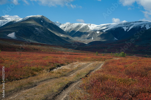 Dirt road in the autumn mountains. Polar Urals. Russia.