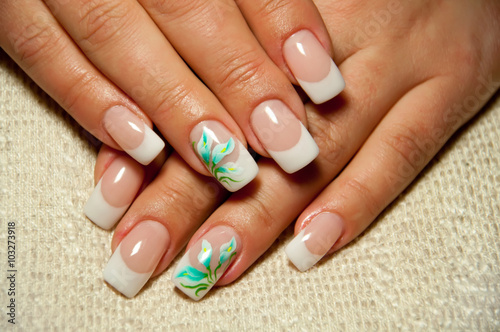 classic manicure with painted flowers