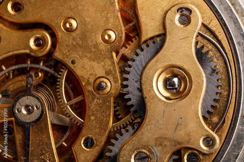 Closeup view of old clock's gears