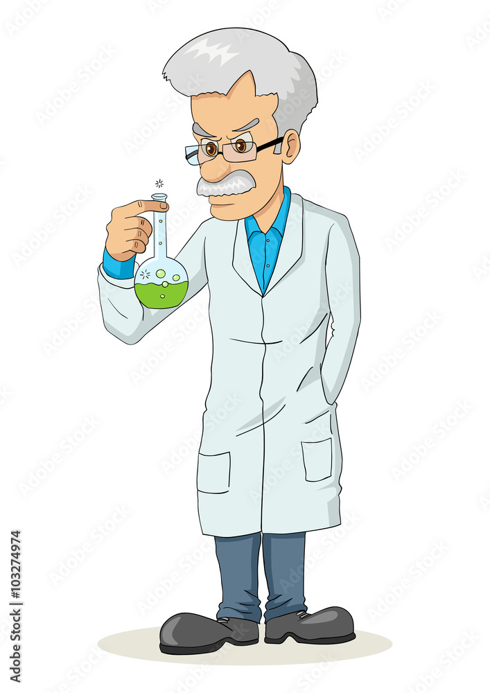 Cartoon illustration of a professor holding a lab tube