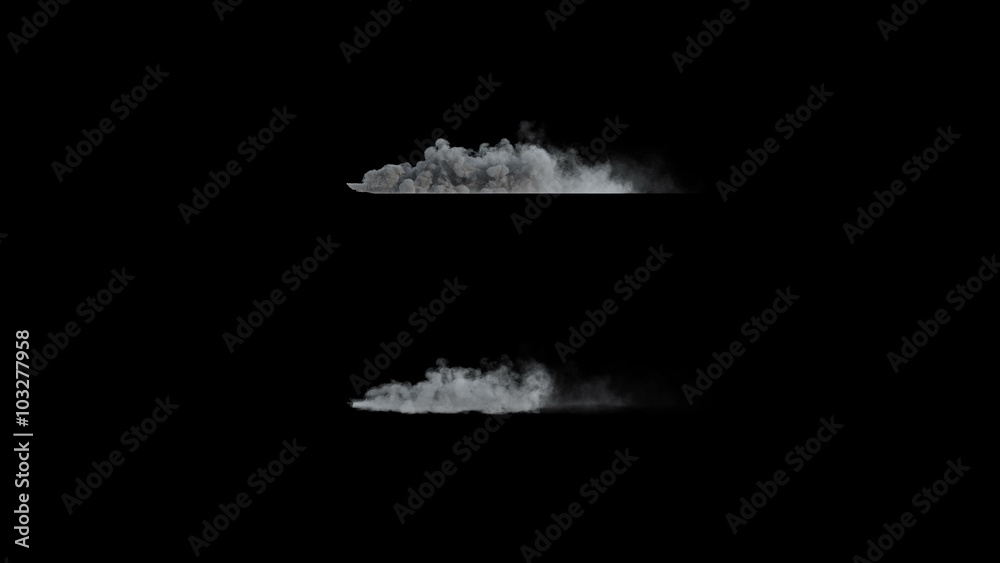 4k side view of dust or smoke trail behind car (uhd 3840x2160, ultra high definition, 1920x1080, 1080p) two different densities, soft and very dense, isolated on black background, with alpha
