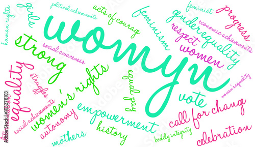 Womyn Word Cloud on a white background. Nonstandard spelling of women adopted by some feminists.