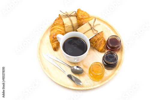 Breakfast, Breakfast set, tray of coffee, croissant, jams.