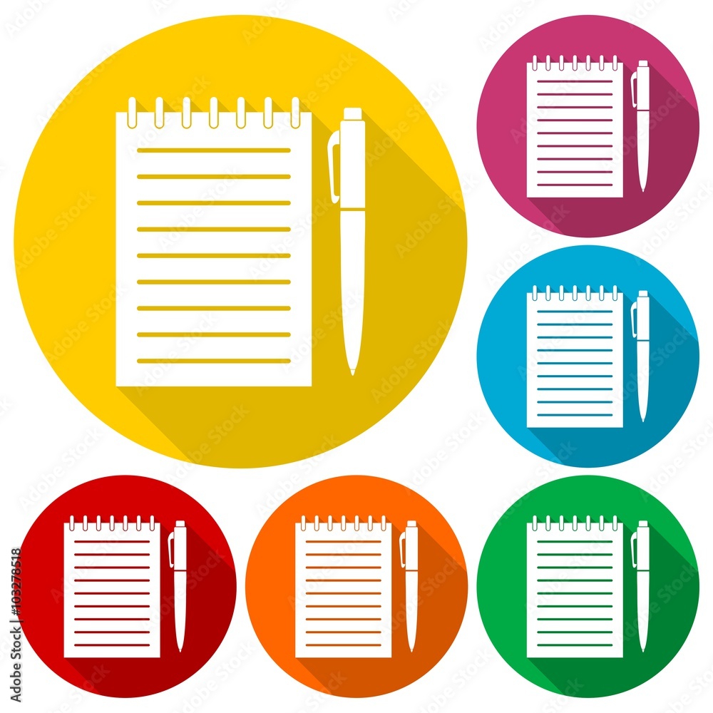 Notebook icon, Document With Pencil Icons set with long shadow Notebook icon, Document With Pencil Icons set with long shadow