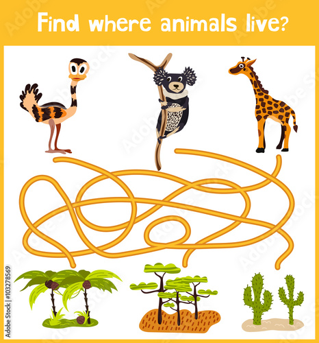 Fun and colorful puzzle game for children's development find where a monkey, a giraffe and the Australian EMU. Training mazes for preschool education. Vector