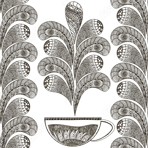 Hand drawn seamless pattern in doodle art style Black and white design for dining cards, branding, label, poster, banner, template tea . Vector