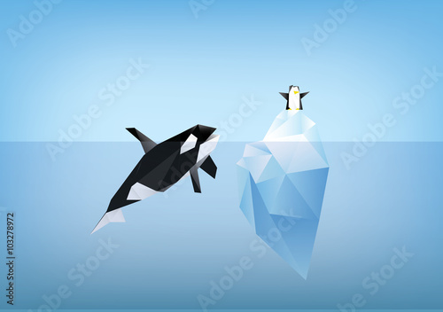 orca whale looking at penguin on tip of the  iceberg illustration - polygon