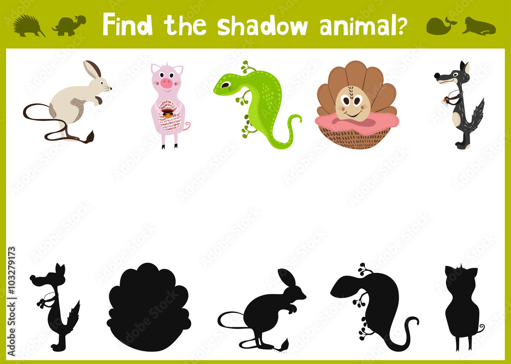 Obraz premium Cartoon Vector Illustration of Education Shadow Matching Game for Preschool Children find the shade for five different animals. All pictures are isolated on white background. Vector