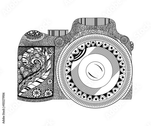 Vector monochrome coloring page with camera in hand drawn style isolated on white background with beautiful floral pattern inside. Vector