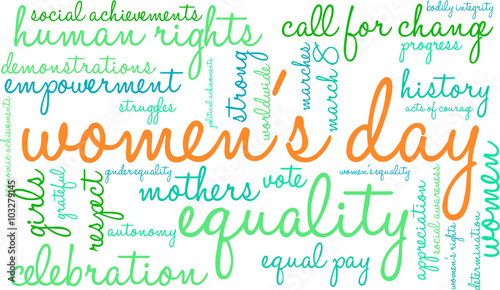 Women s Day word cloud on a white background. 