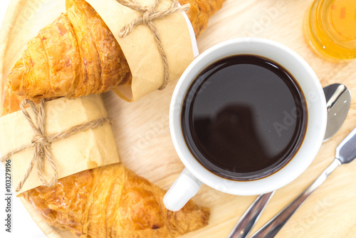 Breakfast, Breakfast set, tray of coffee, croissant, jams.