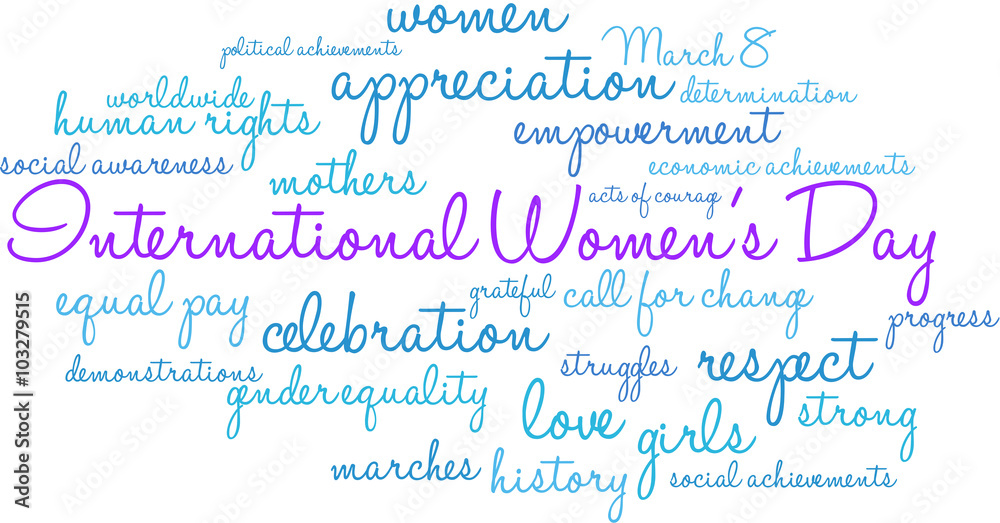 International Women's Day word cloud on a white background.
