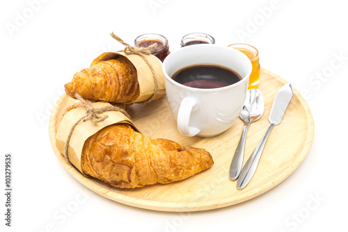 Breakfast, Breakfast set, tray of coffee, croissant, jams.