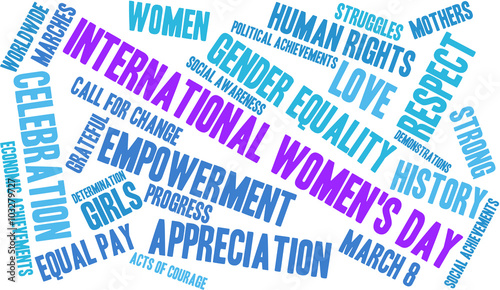International Women's Day word cloud on a white background. 