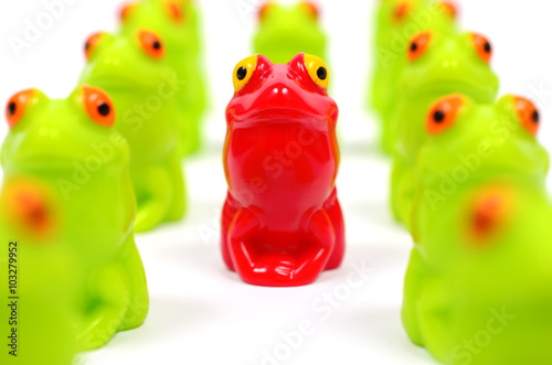 Small plastic toy frogs. One red and the other green. Close up view. Frogs are dense structure. Different from the others. At home among strangers.