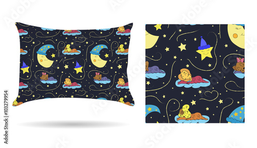 Cute children Decorative pillow with patterned pillowcase in cartoon style children are sleeping on the clouds in the beautiful night sky. Isolated on white. Interior design element. Vector