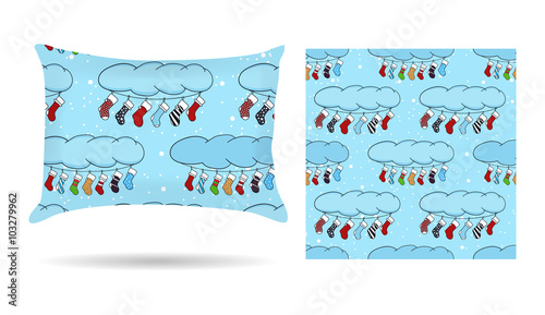 Sweetheart Decorative pillow with patterned pillowcase in cartoon style blue background. Isolated on white. Interior design element. Merry Christmas. Vector