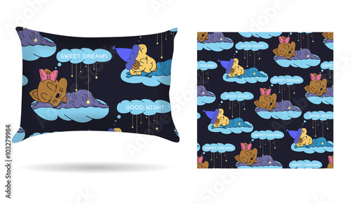 Cute children Decorative pillow with patterned pillowcase in cartoon style children are sleeping on the clouds. Isolated on white. Interior design element.  Vector