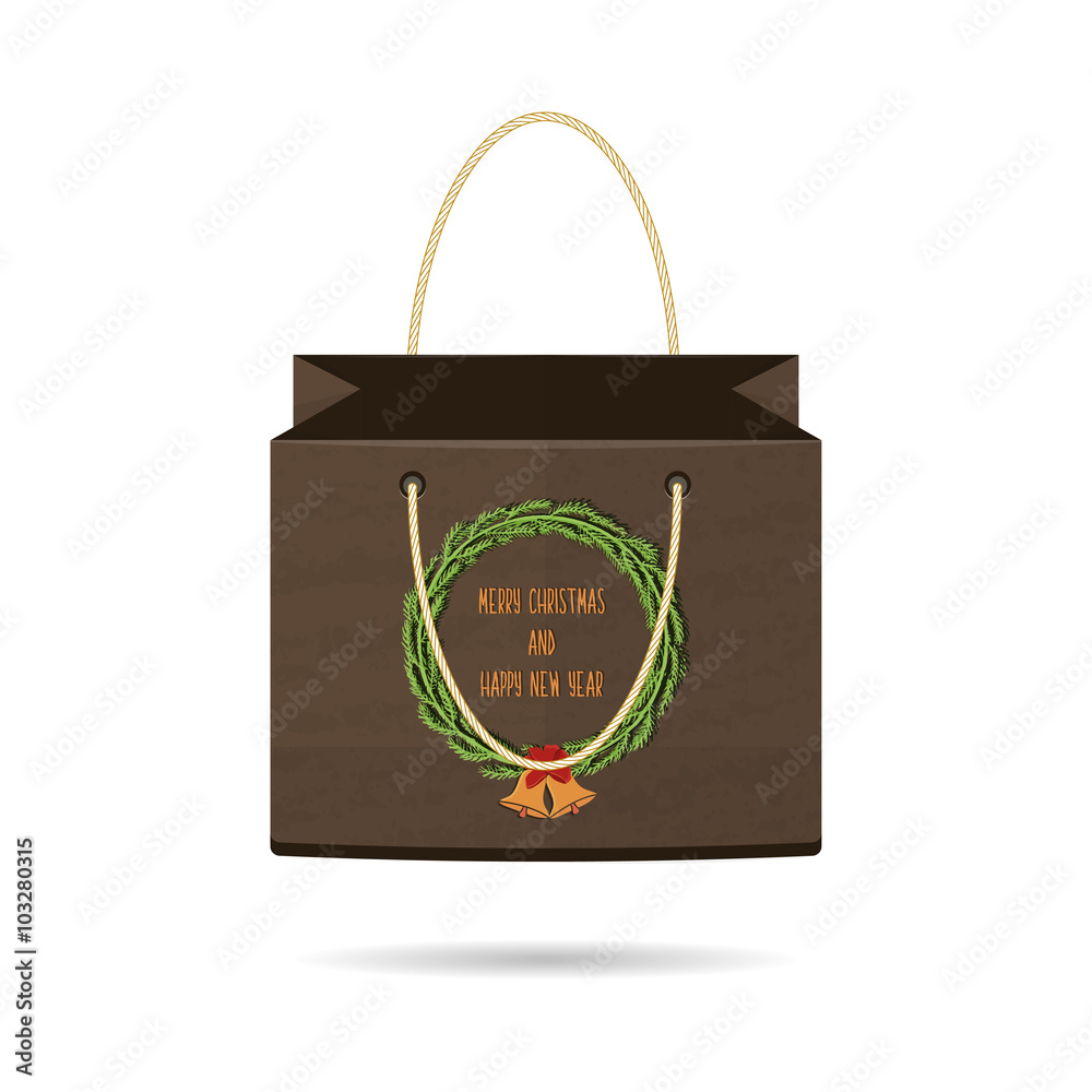 Paper Shopping Bags collection for the holiday merry Christmas and happy new year isolated with Christmas wreath with bells on white background. The design of the bag. Vector Paper Shopping Bags collection for the holiday merry Christmas and happy new year isolated with Christmas wreath with bells on white background. The design of the bag. Vector