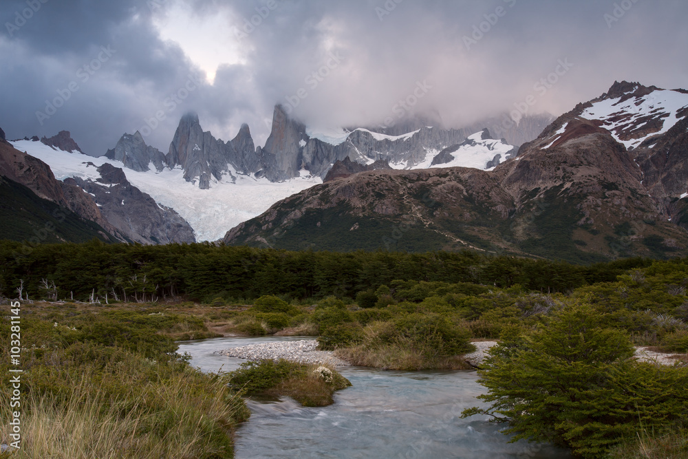 River flowing from the foot of Mount Fitzroy. Patagonia. Argentina.